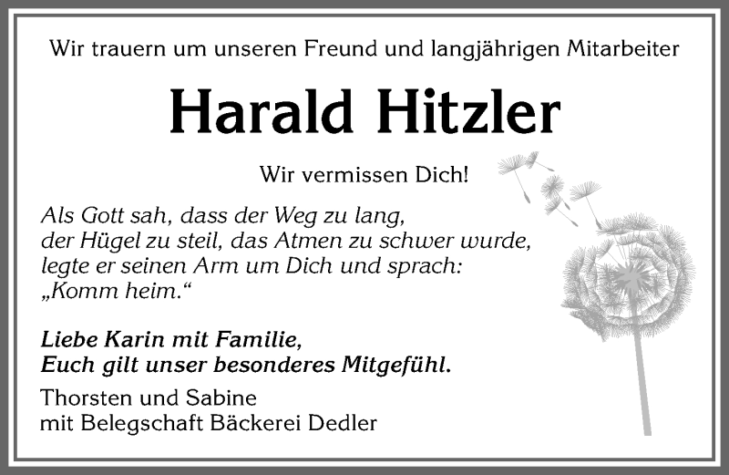 Traueranzeige von Harald Hitzler von Allgäuer Zeitung,Kempten