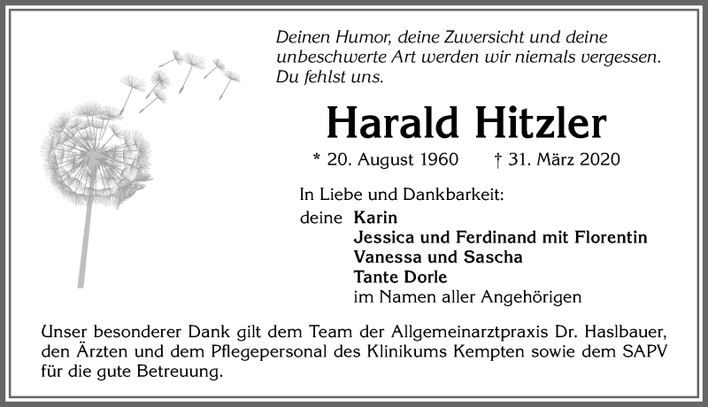 Traueranzeige von Harald Hitzler von Allgäuer Zeitung,Kempten