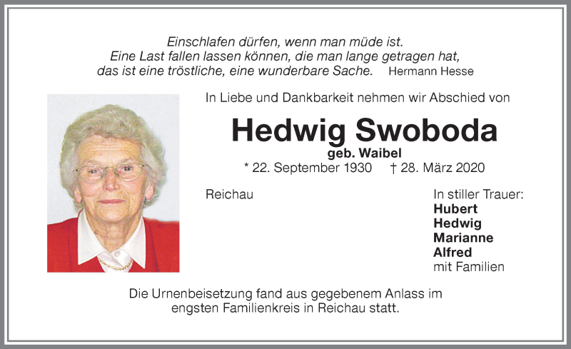 Traueranzeige von Hedwig Swoboda von Memminger Zeitung