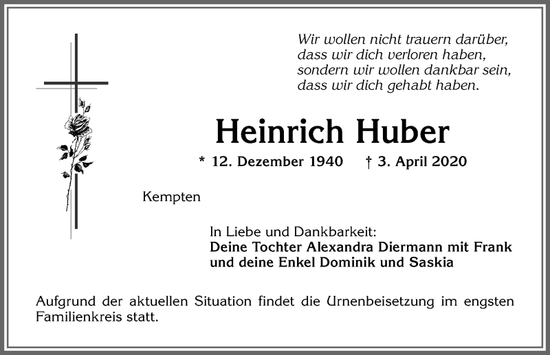 Traueranzeige von Heinrich Huber von Allgäuer Zeitung,Kempten