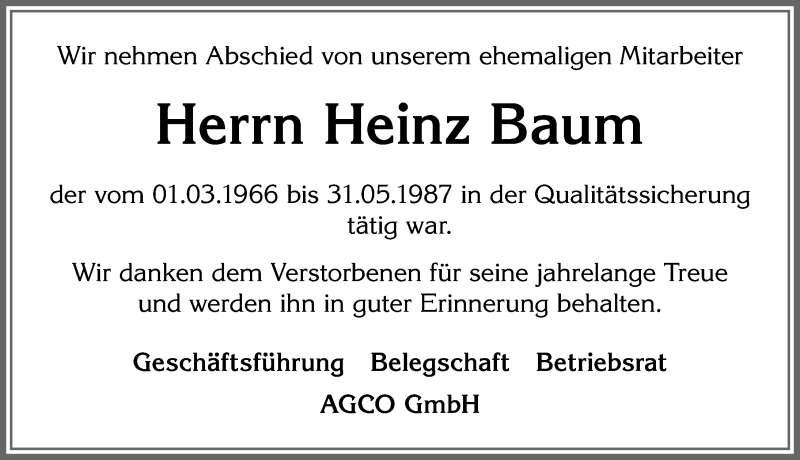 Traueranzeige von Heinz Baum von Allgäuer Zeitung, Marktoberdorf