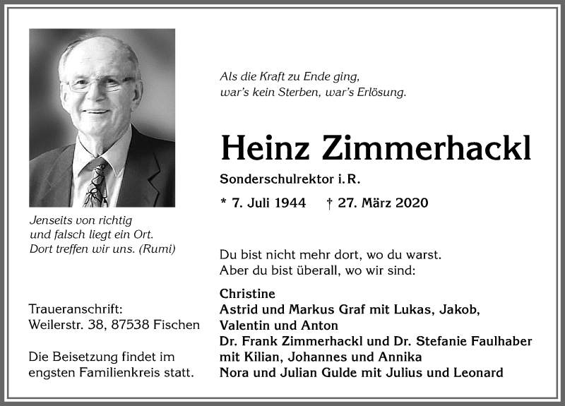 Traueranzeige von Heinz Zimmerhackl von Allgäuer Zeitung