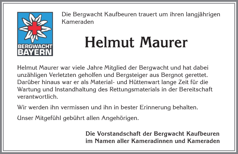 Traueranzeige von Helmut Maurer von Allgäuer Zeitung, Kaufbeuren/Buchloe