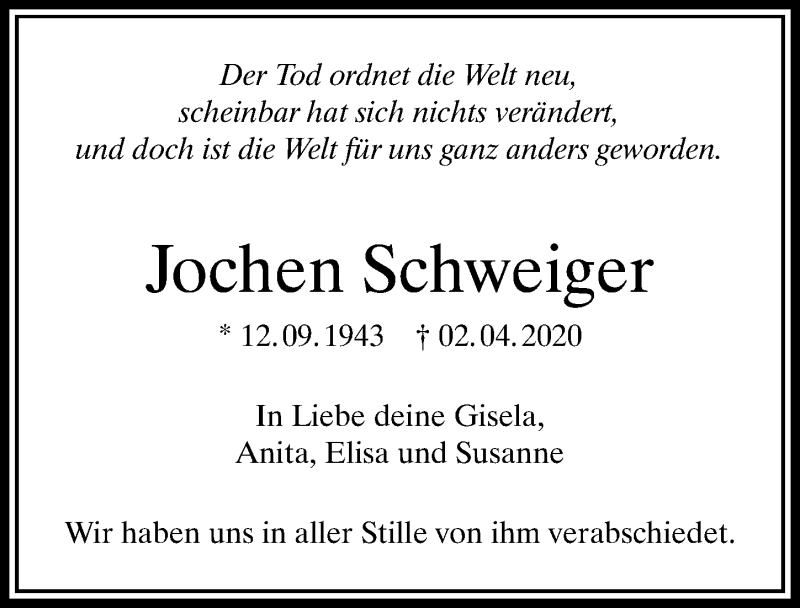 Traueranzeige von Jochen Schweiger von Allgäuer Zeitung, Füssen