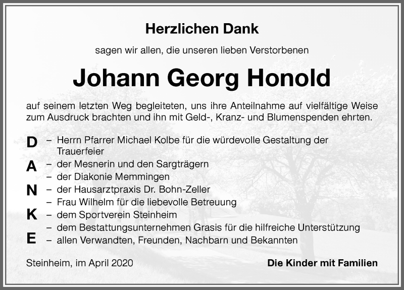 Traueranzeige von Johann Georg Honold von Memminger Zeitung