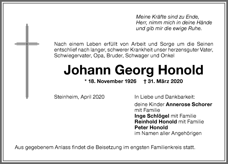 Traueranzeige von Johann Georg Honold von Memminger Zeitung