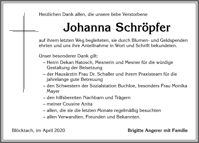 Traueranzeige von Johanna Schröpfer von Allgäuer Zeitung, Kaufbeuren/Buchloe