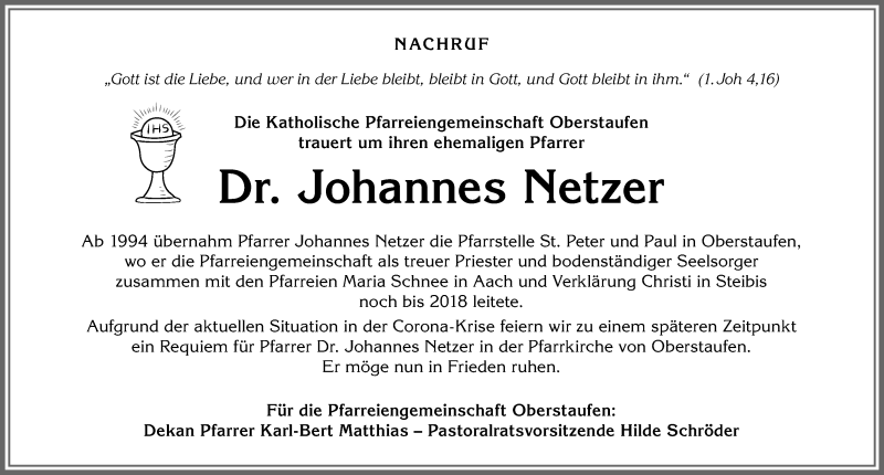 Traueranzeige von Johannes Netzer von Allgäuer Anzeigeblatt