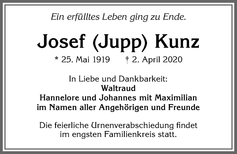 Traueranzeige von Josef Kunz von Allgäuer Zeitung, Kaufbeuren/Buchloe