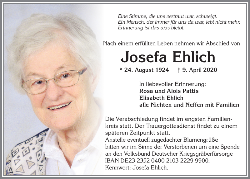 Traueranzeige von Josefa Ehlich von Allgäuer Zeitung, Kaufbeuren/Buchloe