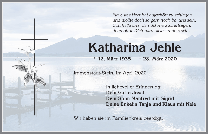 Traueranzeige von Katharina Jehle von Allgäuer Anzeigeblatt