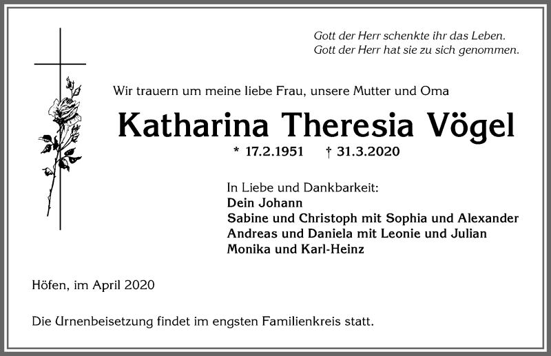 Traueranzeige von Katharina Theresia Vögel von Allgäuer Anzeigeblatt