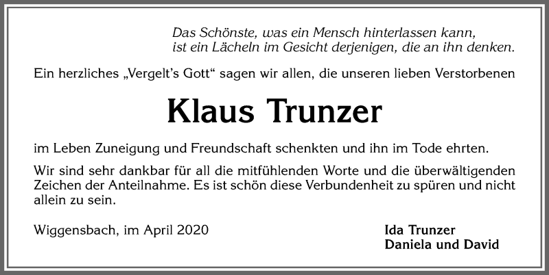 Traueranzeige von Klaus Trunzer von Allgäuer Zeitung,Kempten