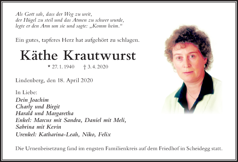 Traueranzeige von Käthe Krautwurst von Der Westallgäuer