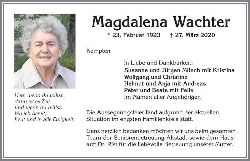 Traueranzeige von Magdalena Wachter von Allgäuer Zeitung,Kempten