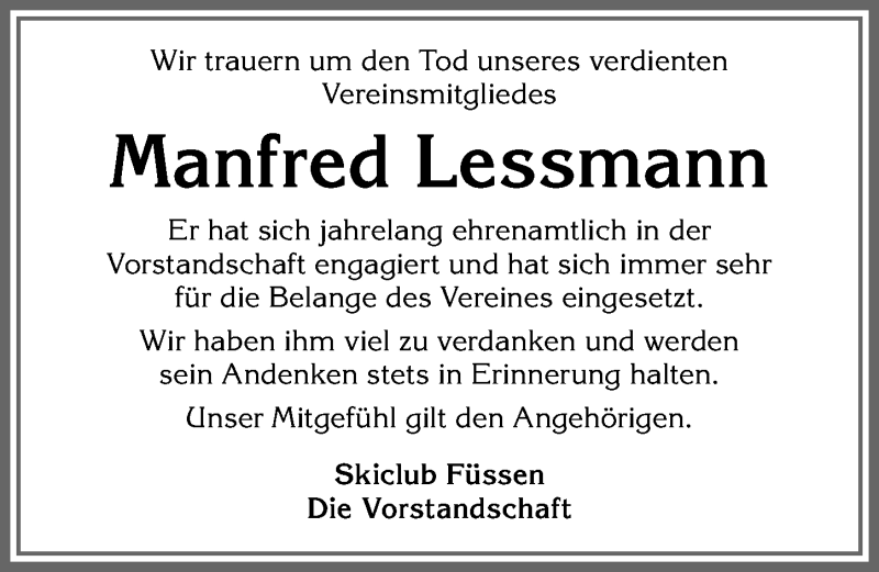 Traueranzeige von Manfred Lessmann von Allgäuer Zeitung, Füssen