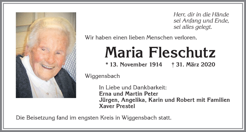 Traueranzeige von Maria Fleschutz von Allgäuer Zeitung,Kempten