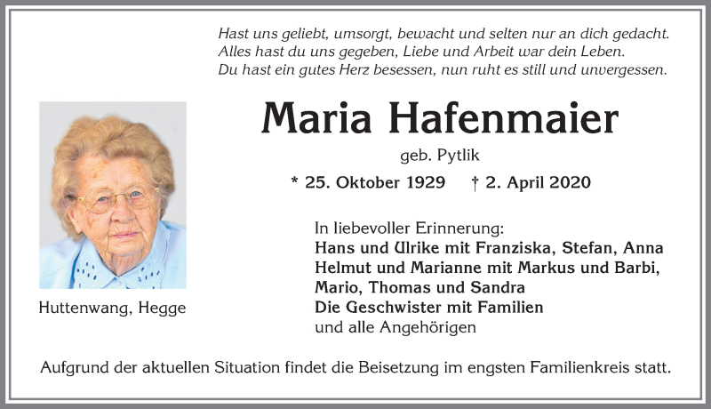 Traueranzeige von Maria Hafenmaier von Allgäuer Zeitung, Marktoberdorf