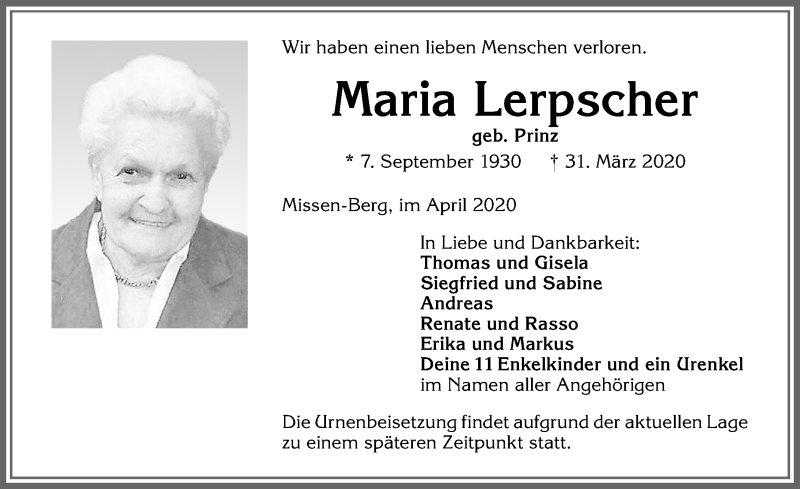 Traueranzeige von Maria Lerpscher von Allgäuer Anzeigeblatt