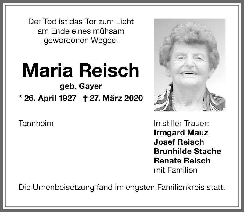 Traueranzeige von Maria Reisch von Memminger Zeitung