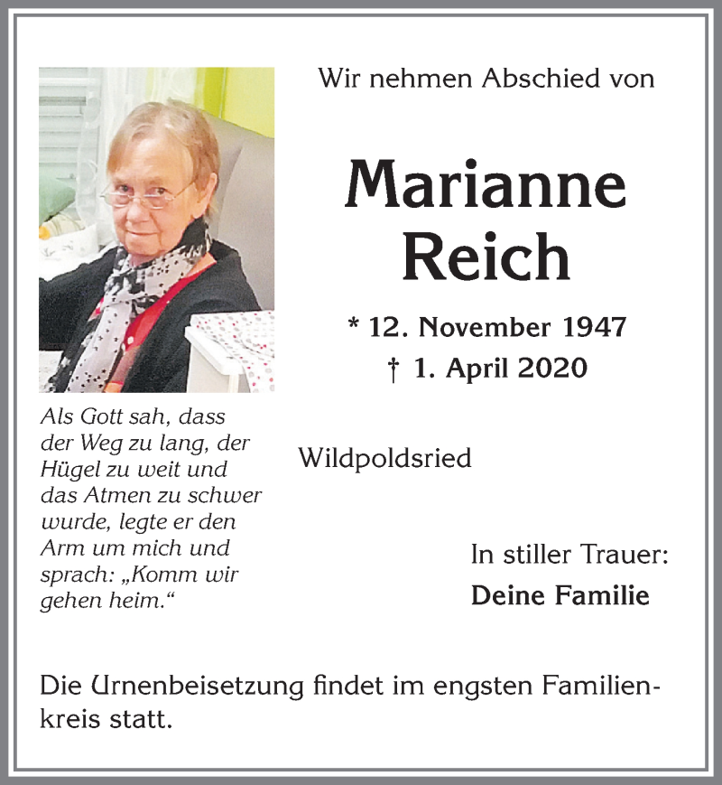 Traueranzeige von Marianne Reich von Allgäuer Zeitung,Kempten