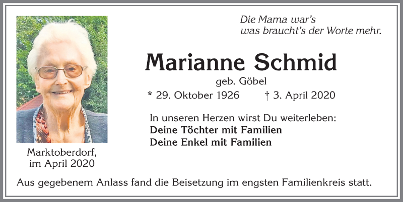 Traueranzeige von Marianne Schmid von Allgäuer Zeitung, Marktoberdorf