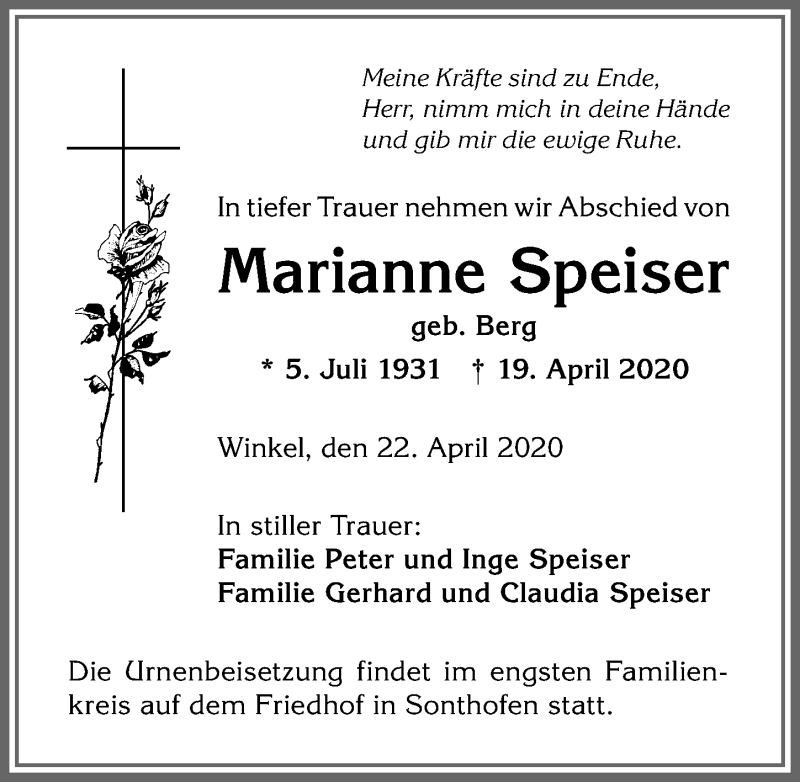 Traueranzeige von Marianne Speiser von Allgäuer Anzeigeblatt