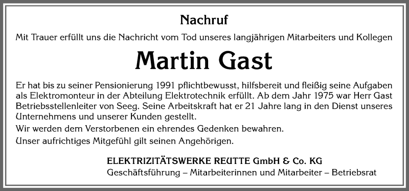 Traueranzeige von Martin Gast von Allgäuer Zeitung, Füssen