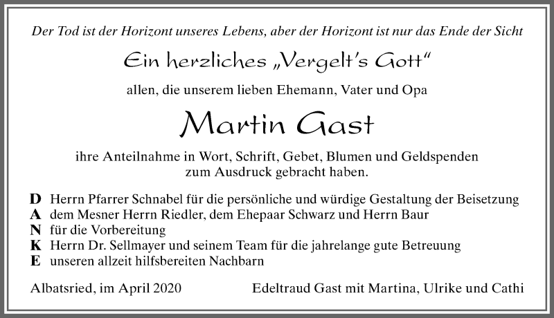 Traueranzeige von Martin Gast von Allgäuer Zeitung, Füssen