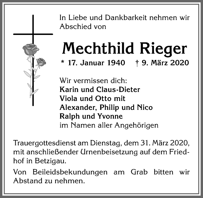 Traueranzeige von Mechthild Rieger von Allgäuer Zeitung,Kempten