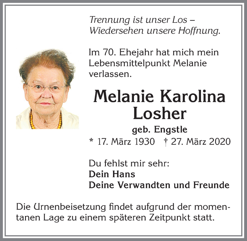 Traueranzeige von Melanie Karolina Losher von Allgäuer Zeitung,Kempten