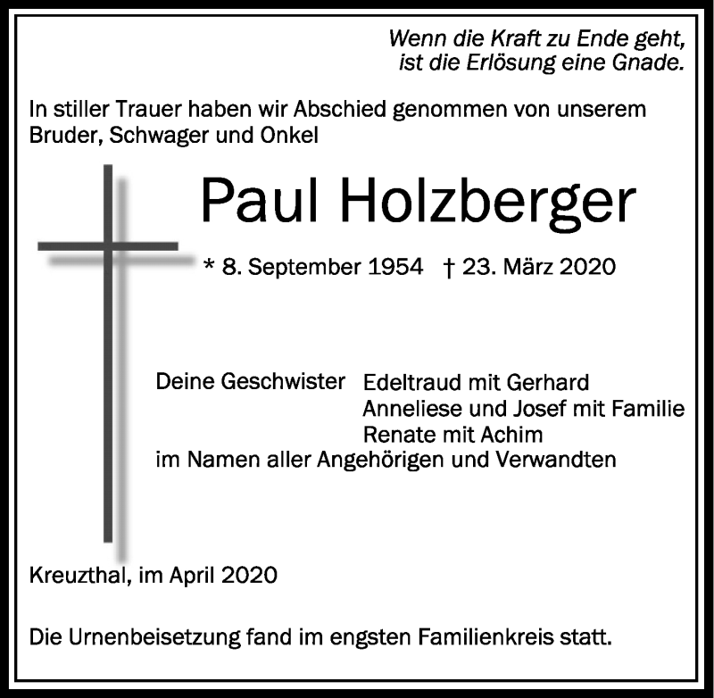 Traueranzeige von Paul Holzberger von Allgäuer Zeitung,Kempten