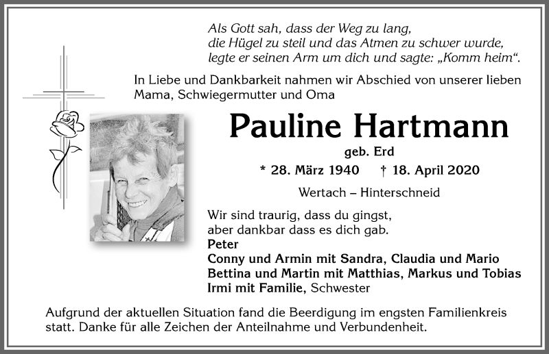 Traueranzeige von Pauline Hartmann von Allgäuer Anzeigeblatt