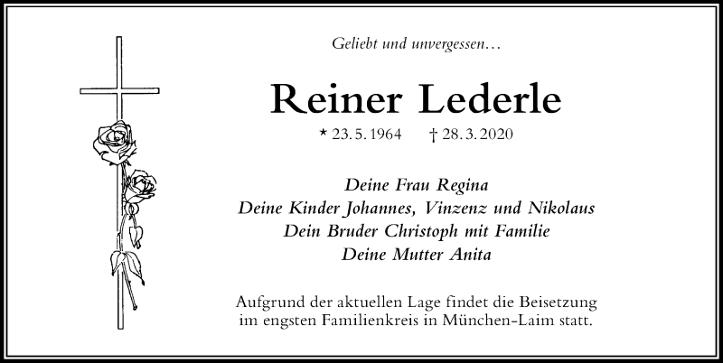 Traueranzeige von Reiner Lederle von Der Westallgäuer