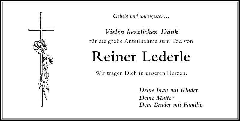 Traueranzeige von Reiner Lederle von Der Westallgäuer