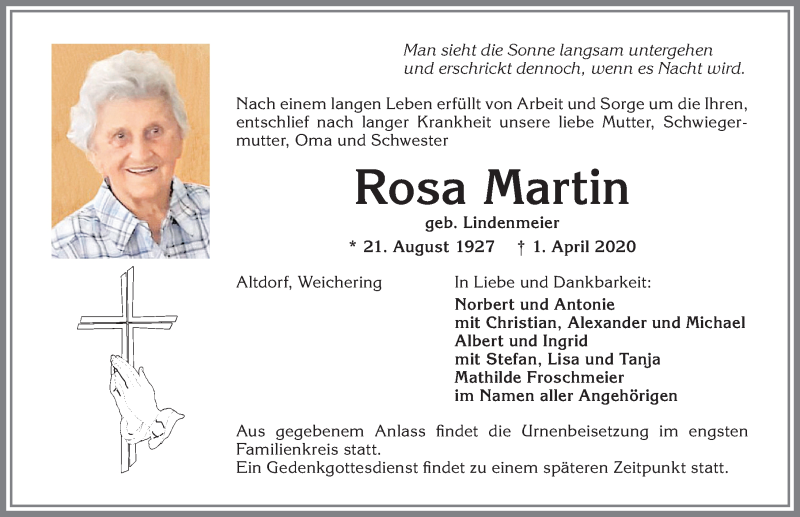 Traueranzeige von Rosa Martin von Allgäuer Zeitung, Marktoberdorf