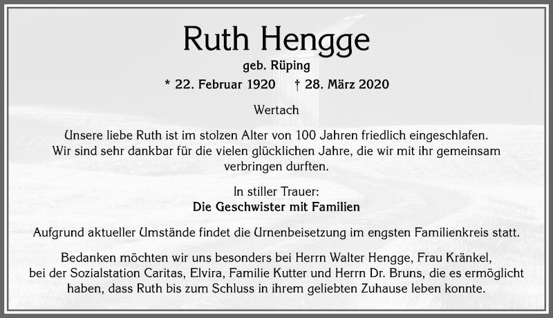 Traueranzeige von Ruth Hengge von Allgäuer Anzeigeblatt