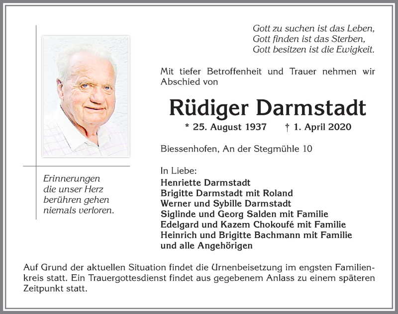 Traueranzeige von Rüdiger Darmstadt von Allgäuer Zeitung, Kaufbeuren/Buchloe