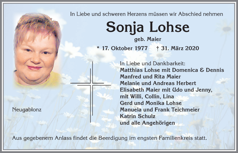 Traueranzeige von Sonja Lohse von Allgäuer Zeitung