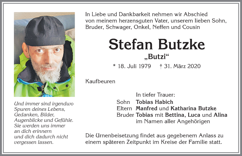 Traueranzeige von Stefan Butzke von Allgäuer Zeitung, Kaufbeuren/Buchloe