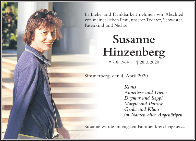 Traueranzeige von Susanne Hinzenberg von Der Westallgäuer