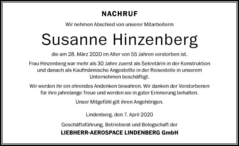 Traueranzeige von Susanne Hinzenberg von Der Westallgäuer