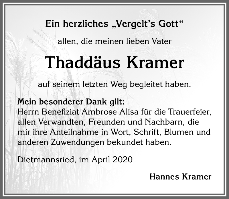 Traueranzeige von Thaddäus Kramer von Allgäuer Zeitung,Kempten