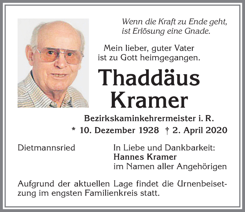 Traueranzeige von Thaddäus Kramer von Allgäuer Zeitung,Kempten