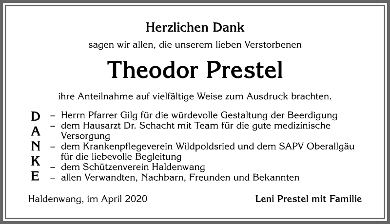 Traueranzeige von Theodor Prestel von Allgäuer Zeitung,Kempten