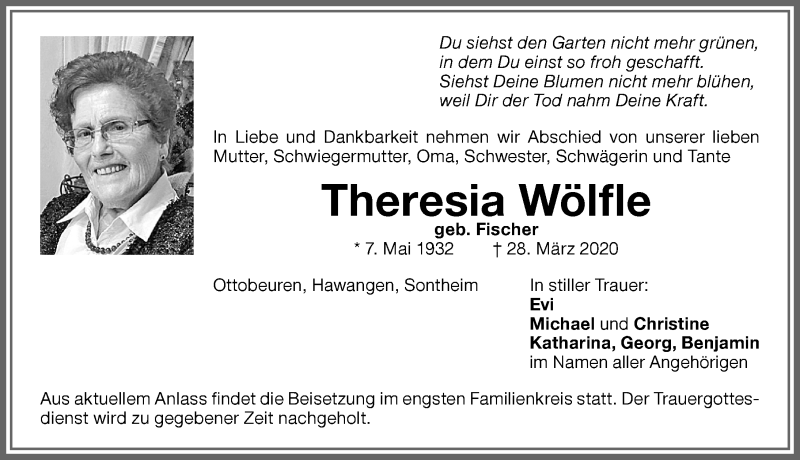 Traueranzeige von Theresia Wölfle von Memminger Zeitung