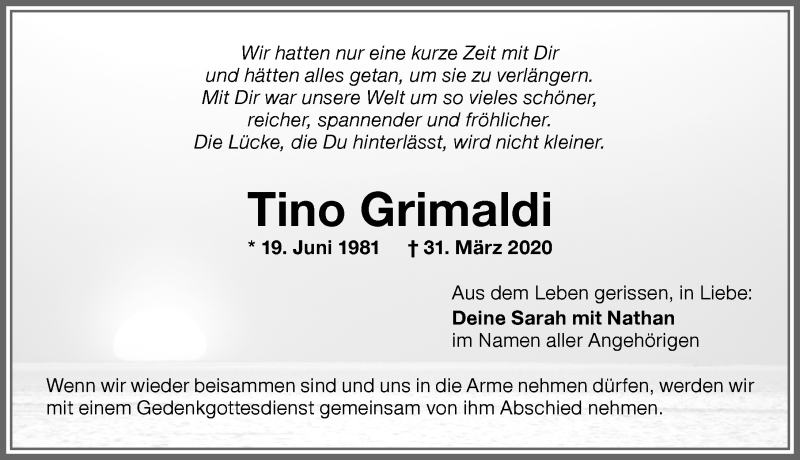 Traueranzeige von Tino Grimaldi von Memminger Zeitung