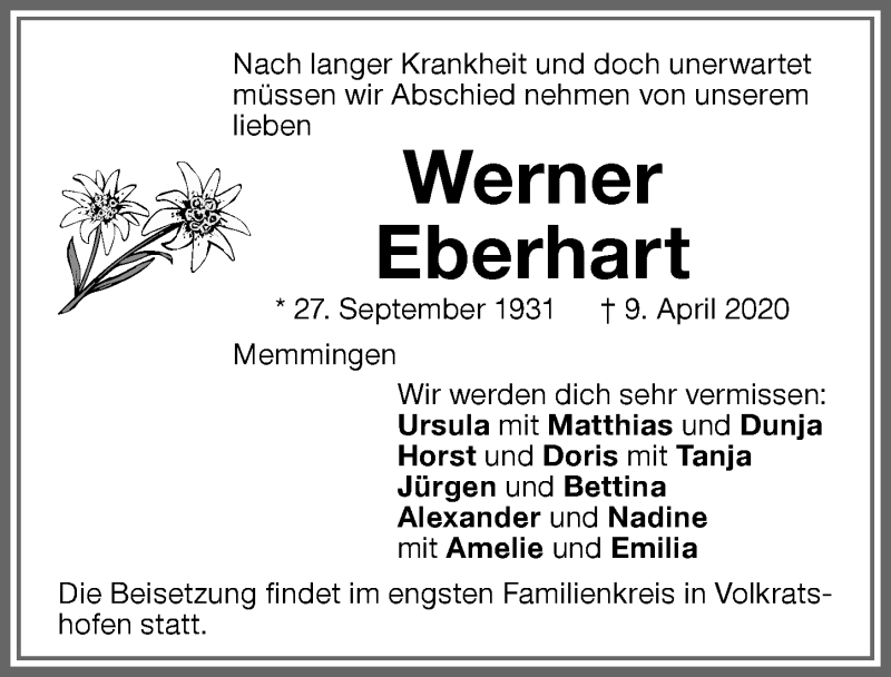 Traueranzeige von Werner Eberhart von Memminger Zeitung