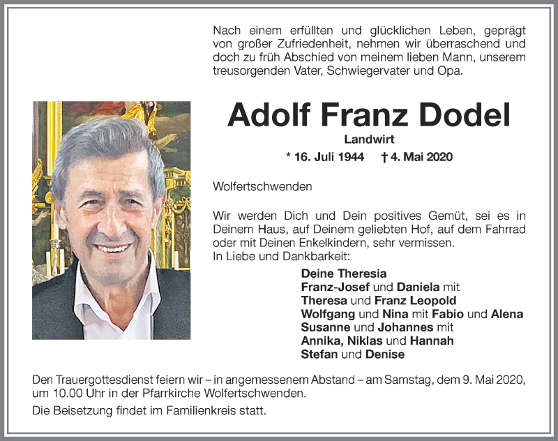  Traueranzeige für Adolf Franz Dodel vom 07.05.2020 aus Allgäuer Zeitung