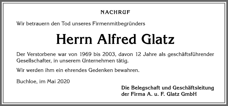 Traueranzeige von Alfred Glatz von Allgäuer Zeitung, Kaufbeuren/Buchloe